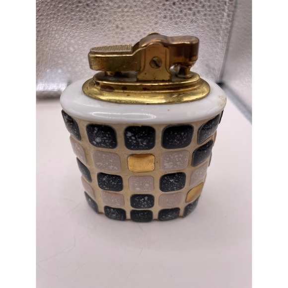 Vtg‎ Mid Century Penguin Japan Mosaic Lighter and Ashtray Set Black White Gold - Picture 6 of 15